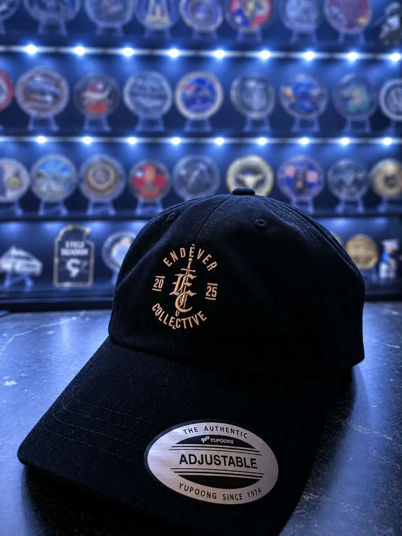 Dad hat, faded black, tan Endever Collective crest embroidery.