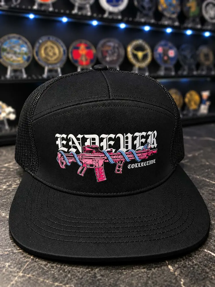 Seven-panel snapback, faded black, pink M4 front print.