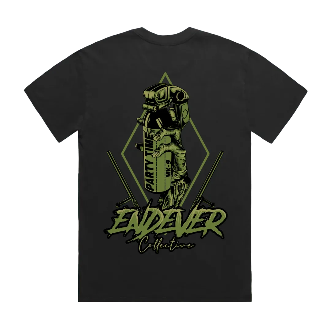 Party Pack tee back print: MK-9 Party Time spray can and batons, olive drab.