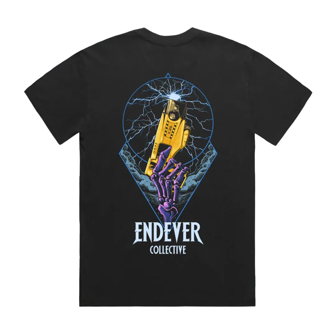 Taser tee back print: yellow X26 taser in a skeletal hand, blue lightning.