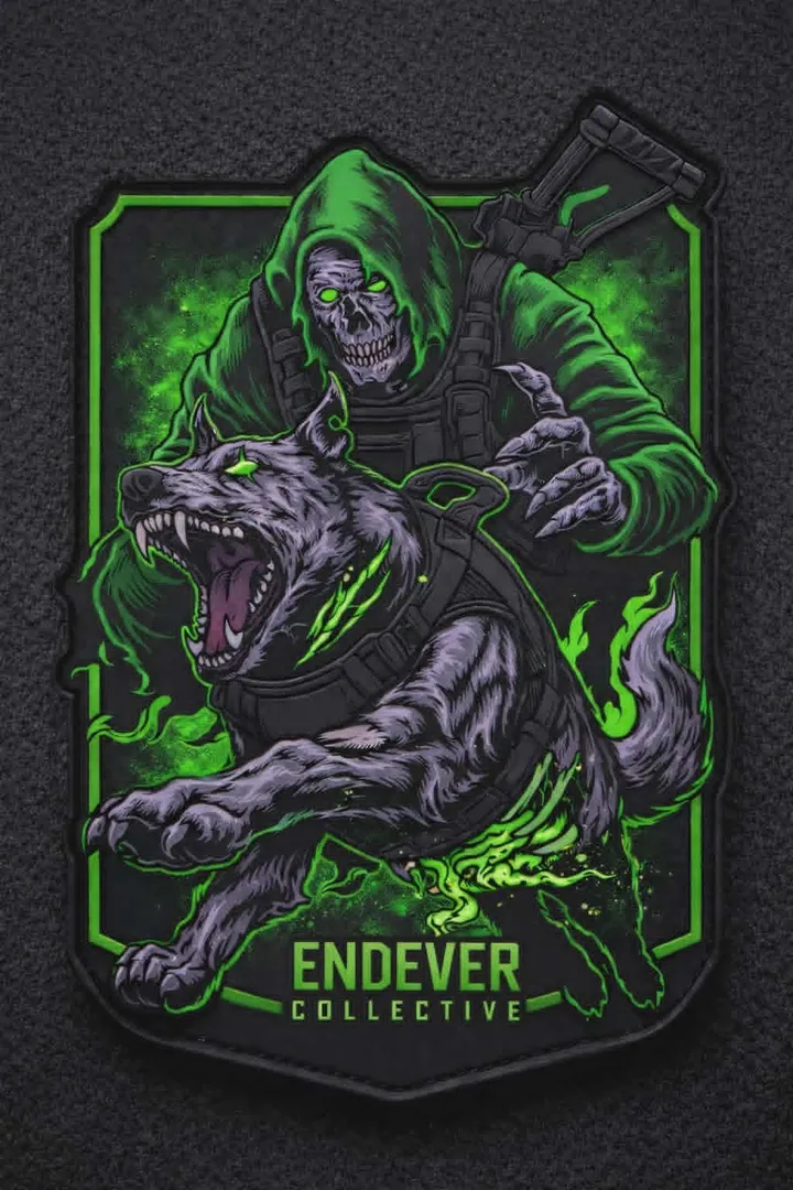Reaper PVC patch, green reaper and war dog.