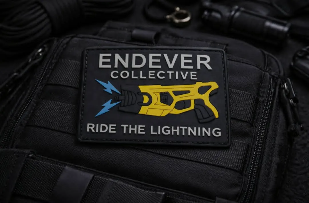 Taser PVC patch, Ride the Lightning, yellow X26.